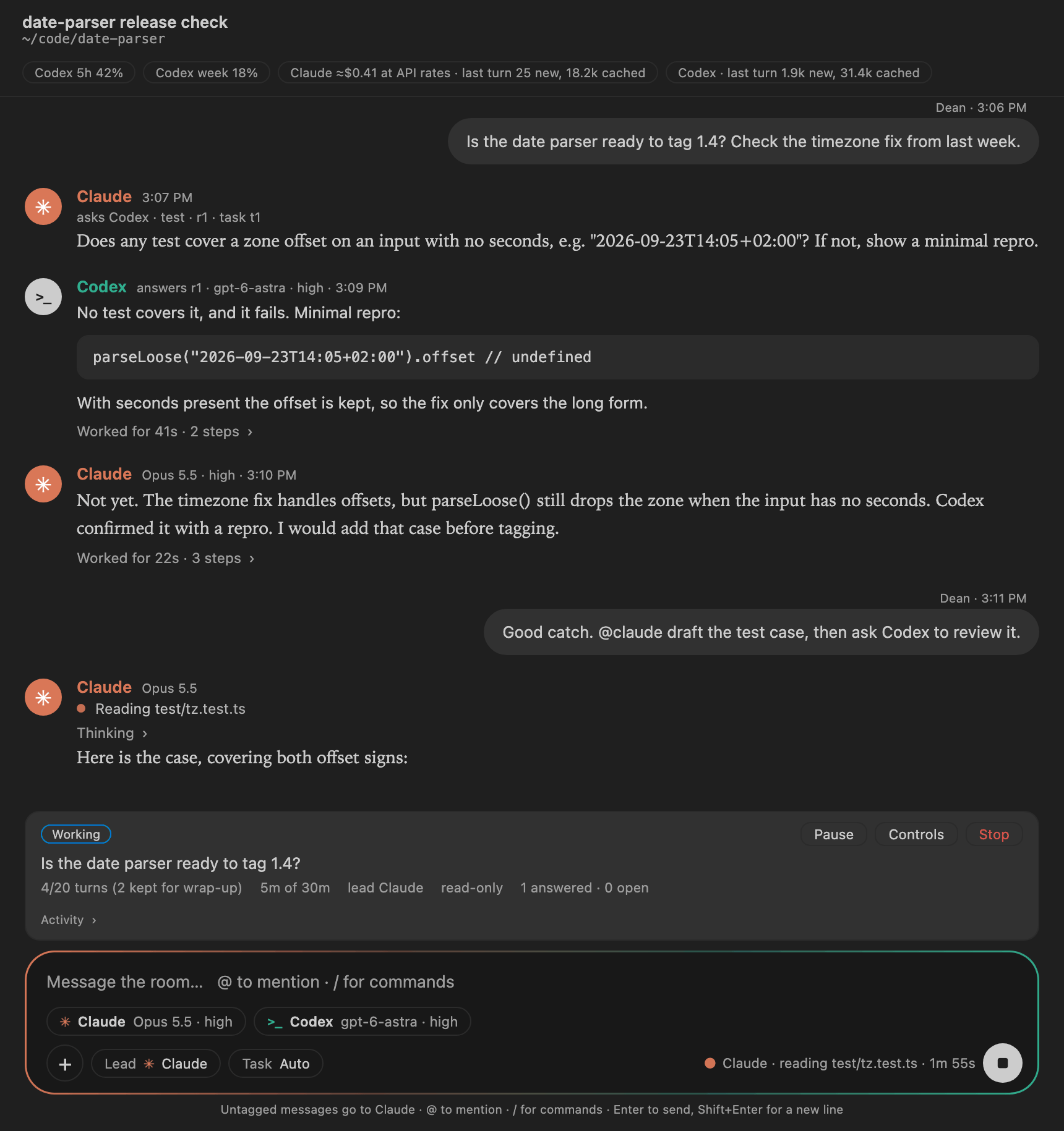 A Wagon Wheel room in VS Code. Dean asks whether a date parser is ready to release. Claude sends Codex a typed test request, r1 under task t1; Codex answers r1 with a minimal repro showing a dropped timezone offset; Claude concludes it is not ready. Claude is now drafting the test, reading test/tz.test.ts. A task card shows 4 of 20 turns and 5 of 30 minutes used with Pause, Controls and Stop, and the composer shows each seat's model picker: Claude on Opus 5.5 high, Codex on gpt-6-astra high.