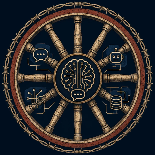 A wooden wagon wheel with a circuit-board brain at the hub. On the spokes: a chat bubble, a robot, a circuit and a database, the participants of a room.